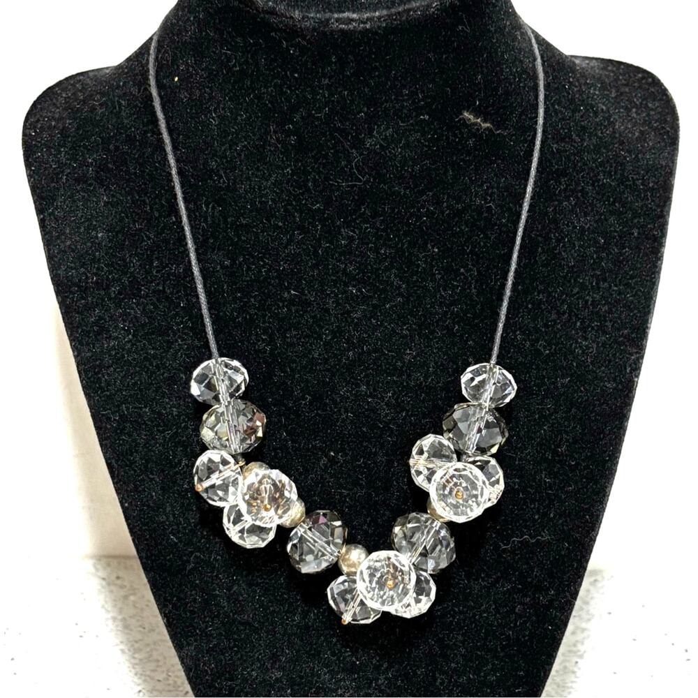 Beaded fashion necklace satin cord silver beads chunky clear faceted crystals